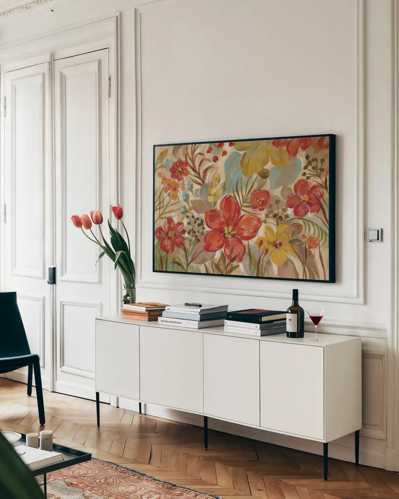 Tropical Flowers by Silvia Vassileva. shown as a framed stretched canvas in a living room above a console. Available as a archival giclee rolled canvas, fine art paper, or poster print. SKU 30158i.