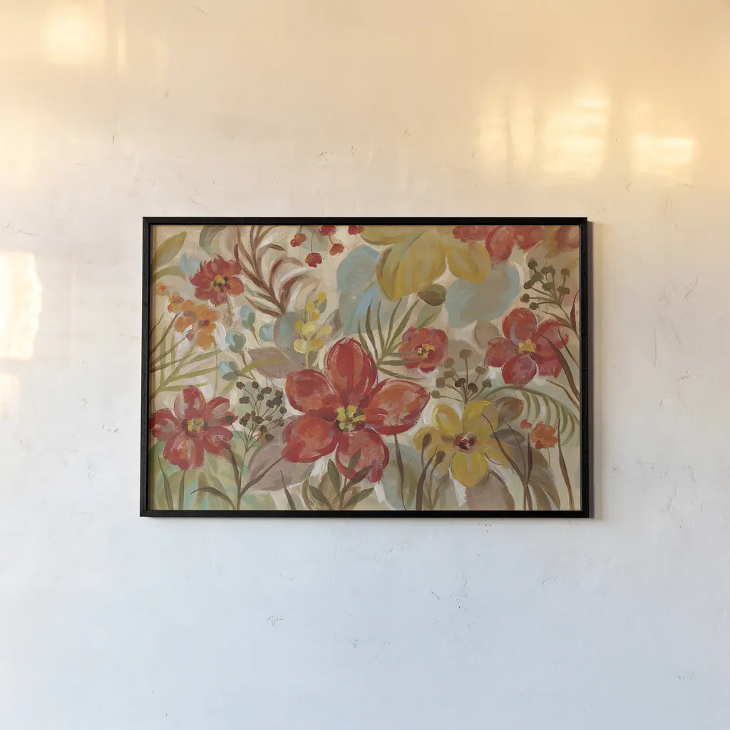 Tropical Flowers by Silvia Vassileva. shown as a paper print in a black flame. Available as a archival giclee rolled canvas, fine art paper, or poster print. SKU 30158i.