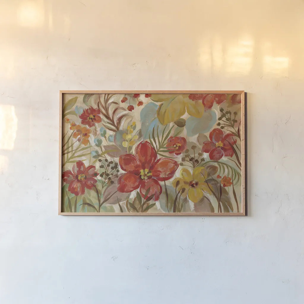 Tropical Flowers by Silvia Vassileva. shown as a paper print in a natural frame. Available as a archival giclee rolled canvas, fine art paper, or poster print. SKU 30158i.