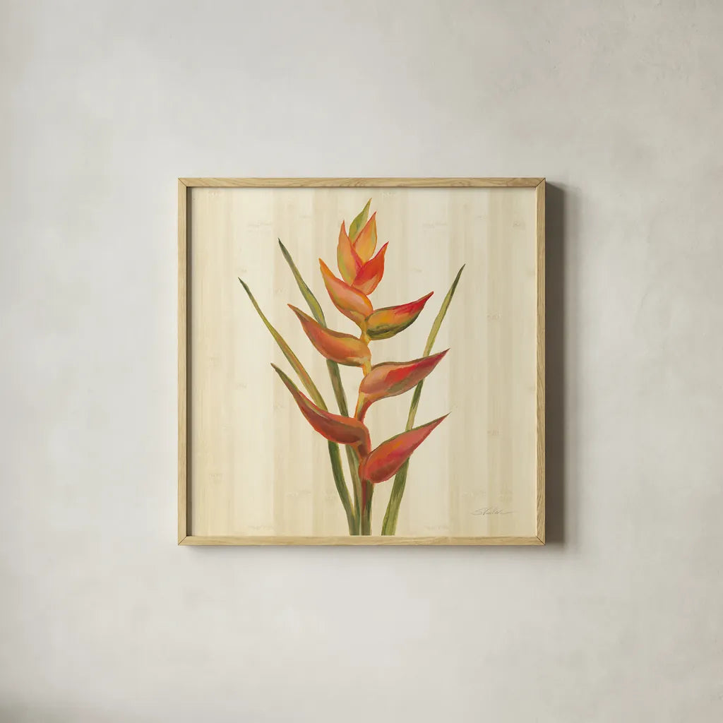 Tropical Garden I by Silvia Vassileva. Shown in a natural wood glass frame for a timeless modern aesthetic. Available as an archival giclee rolled canvas, fine art paper, or poster print. SKU 66371a.