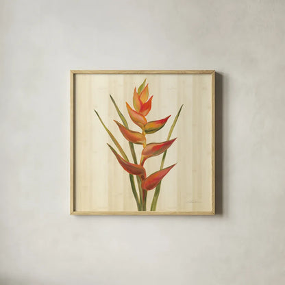 Tropical Garden I by Silvia Vassileva. Shown in a natural wood glass frame for a timeless modern aesthetic. Available as an archival giclee rolled canvas, fine art paper, or poster print. SKU 66371a.