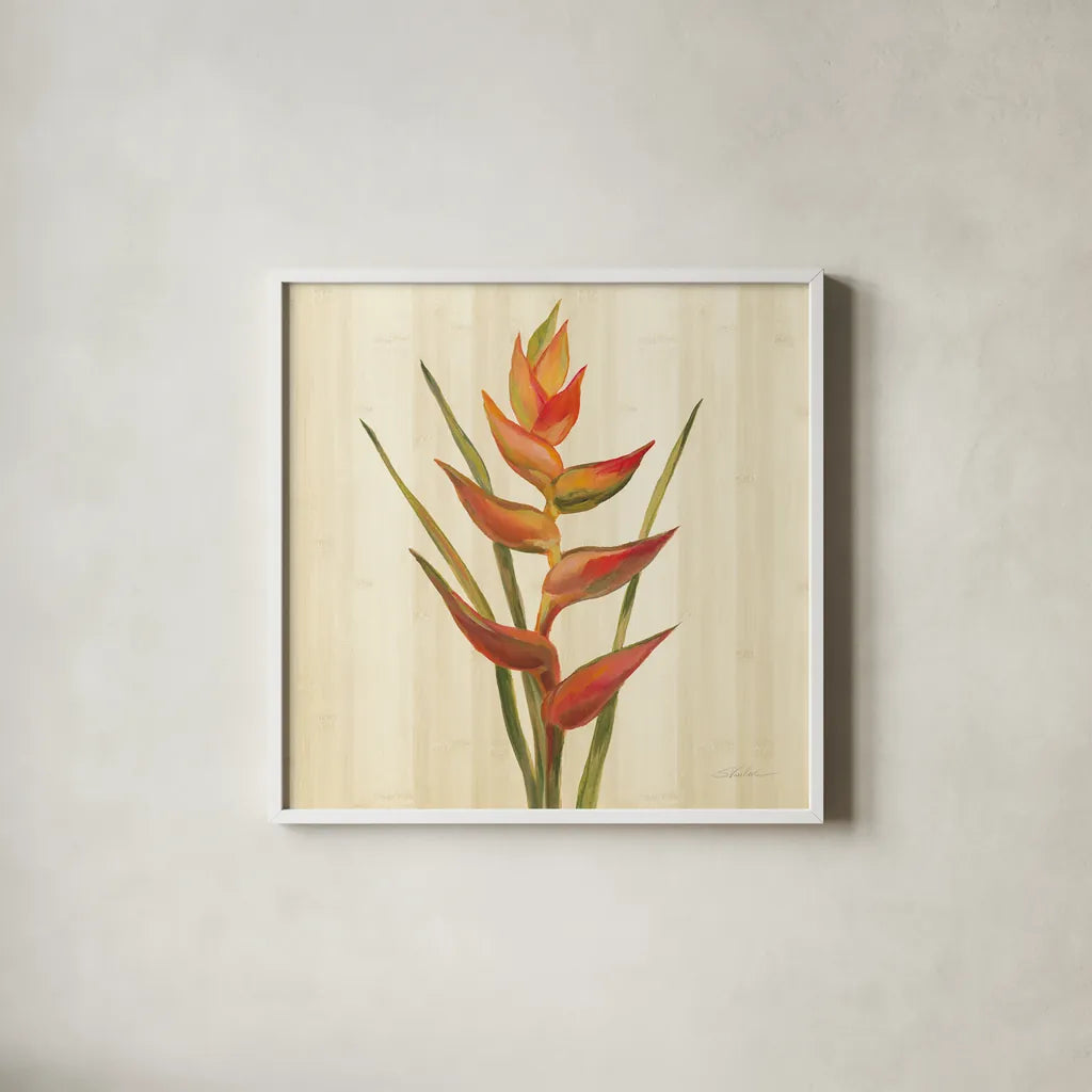 Tropical Garden I by Silvia Vassileva. Shown in a crisp white glass frame for a clean and minimalist style. Available as an archival giclee rolled canvas, fine art paper, or poster print. SKU 66371a.