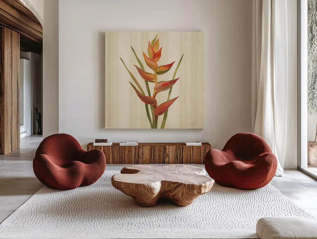 Tropical Garden I by Silvia Vassileva. Shown as extra-large giant wall art in a modern living room. Available as an archival giclee rolled canvas, fine art paper, or poster print. SKU 66371a.