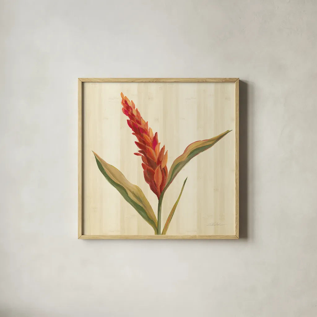 Tropical Garden II by Silvia Vassileva. Shown in a natural wood glass frame for a timeless modern aesthetic. Available as an archival giclee rolled canvas, fine art paper, or poster print. SKU 66372a.