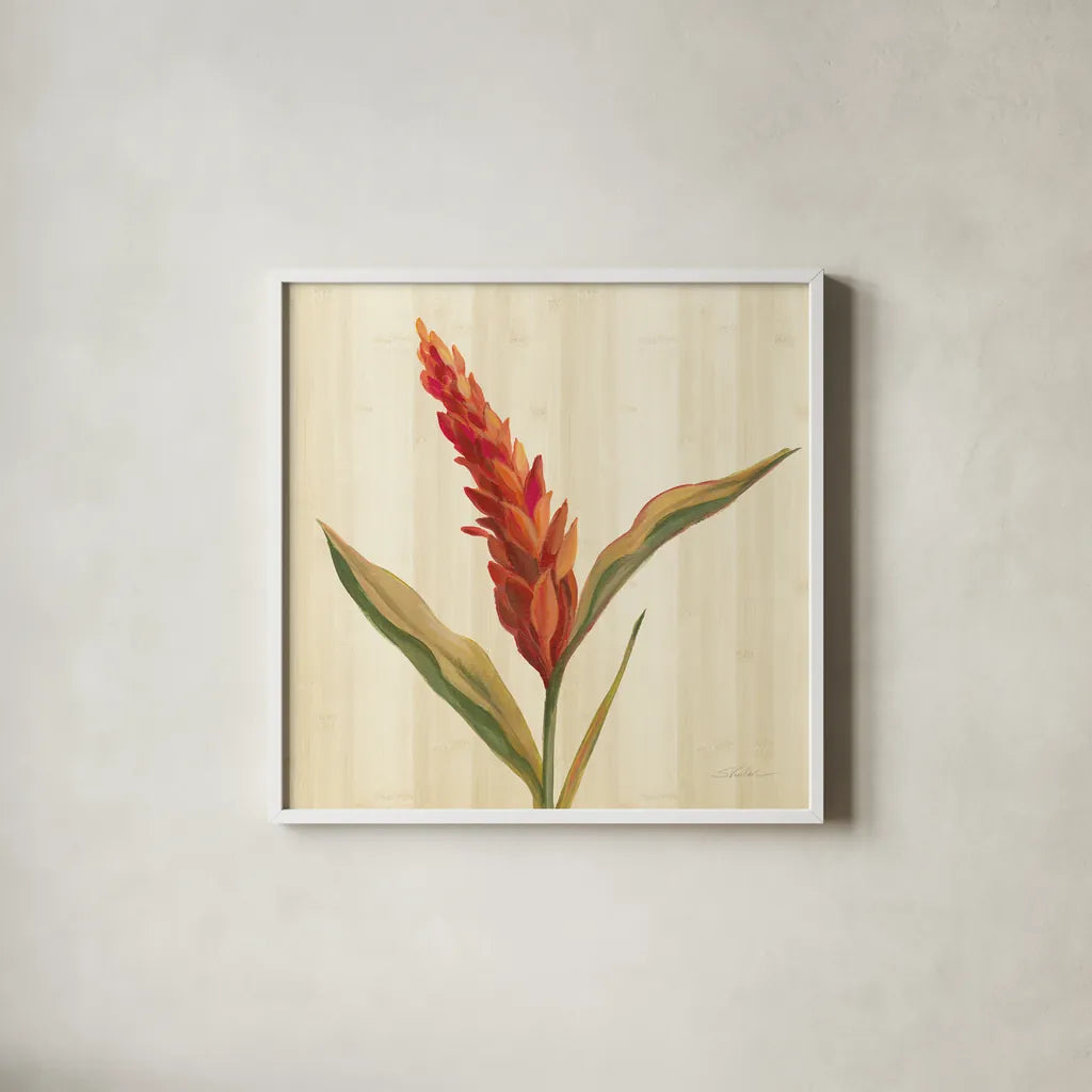 Tropical Garden II by Silvia Vassileva. Shown in a crisp white glass frame for a clean and minimalist style. Available as an archival giclee rolled canvas, fine art paper, or poster print. SKU 66372a.