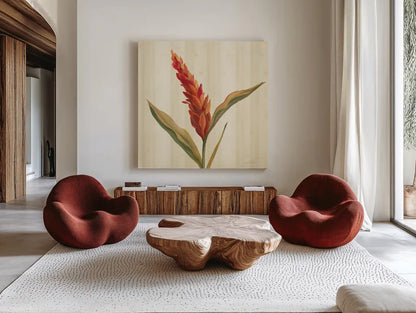 Tropical Garden II by Silvia Vassileva. Shown as extra-large giant wall art in a modern living room. Available as an archival giclee rolled canvas, fine art paper, or poster print. SKU 66372a.