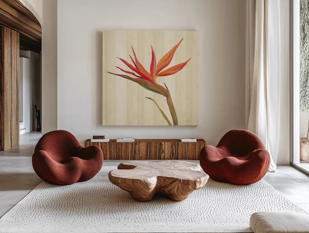 Tropical Garden IV by Silvia Vassileva. Shown as extra-large giant wall art in a modern living room. Available as an archival giclee rolled canvas, fine art paper, or poster print. SKU 66374a.