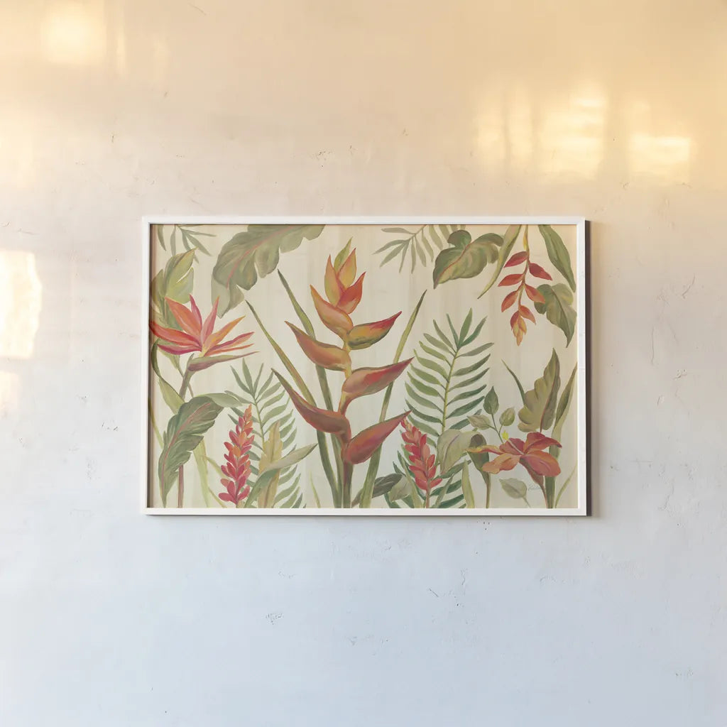 Tropical Garden VII by Silvia Vassileva. shown as a paper print in a white frame. Available as a archival giclee rolled canvas, fine art paper, or poster print. SKU 66377i.