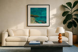 Tropical Island I by Silvia Vassileva. Displayed in a glass frame with matte in a clean modern living room. Available as an archival giclee rolled canvas, fine art paper, or poster print. SKU 102541a.