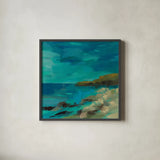 Tropical Island II by Silvia Vassileva. Shown in a sleek black glass frame for a contemporary gallery look. Available as an archival giclee rolled canvas, fine art paper, or poster print. SKU 102542a.