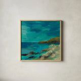Tropical Island II by Silvia Vassileva. Shown in a natural wood glass frame for a timeless modern aesthetic. Available as an archival giclee rolled canvas, fine art paper, or poster print. SKU 102542a.