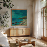Tropical Island II by Silvia Vassileva. Shown in a natural wood frame in a cozy modern living room. Available as an archival giclee rolled canvas, fine art paper, or poster print. SKU 102542a.