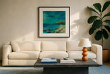 Tropical Island II by Silvia Vassileva. Displayed in a glass frame with matte in a clean modern living room. Available as an archival giclee rolled canvas, fine art paper, or poster print. SKU 102542a.