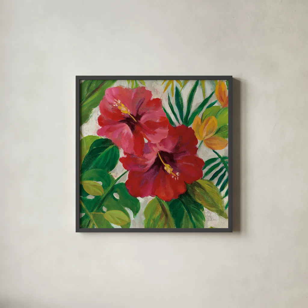 Tropical Jewels I v2 Crop by Silvia Vassileva. Shown in a sleek black glass frame for a contemporary gallery look. Available as an archival giclee rolled canvas, fine art paper, or poster print. SKU 32994a.