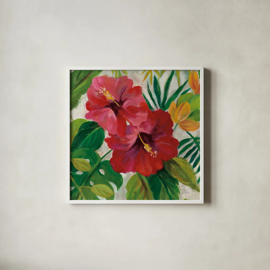 Tropical Jewels I v2 Crop by Silvia Vassileva. Shown in a crisp white glass frame for a clean and minimalist style. Available as an archival giclee rolled canvas, fine art paper, or poster print. SKU 32994a.