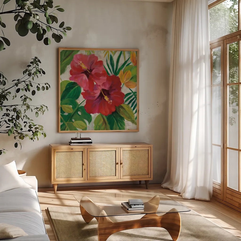 Tropical Jewels I v2 Crop by Silvia Vassileva. Shown in a natural wood frame in a cozy modern living room. Available as an archival giclee rolled canvas, fine art paper, or poster print. SKU 32994a.