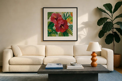 Tropical Jewels I v2 Crop by Silvia Vassileva. Displayed in a glass frame with matte in a clean modern living room. Available as an archival giclee rolled canvas, fine art paper, or poster print. SKU 32994a.