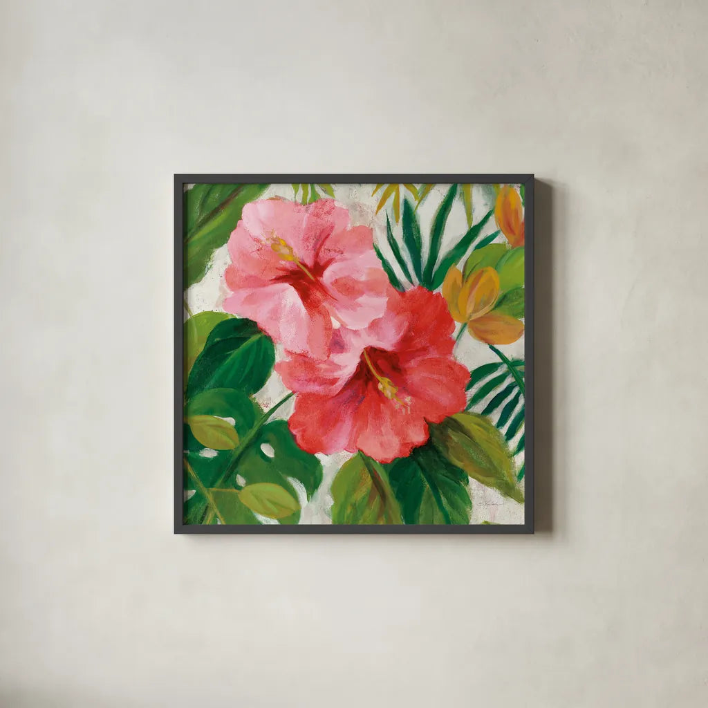 Tropical Jewels I v2 Pink Crop by Silvia Vassileva. Shown in a sleek black glass frame for a contemporary gallery look. Available as an archival giclee rolled canvas, fine art paper, or poster print. SKU 54292a.