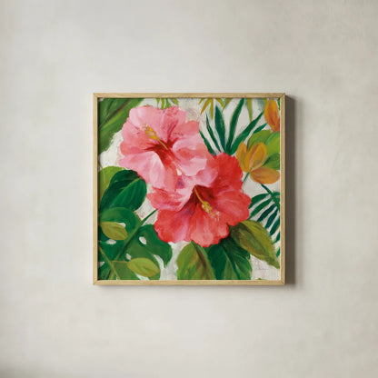 Tropical Jewels I v2 Pink Crop by Silvia Vassileva. Shown in a natural wood glass frame for a timeless modern aesthetic. Available as an archival giclee rolled canvas, fine art paper, or poster print. SKU 54292a.