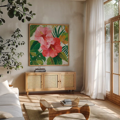 Tropical Jewels I v2 Pink Crop by Silvia Vassileva. Shown in a natural wood frame in a cozy modern living room. Available as an archival giclee rolled canvas, fine art paper, or poster print. SKU 54292a.