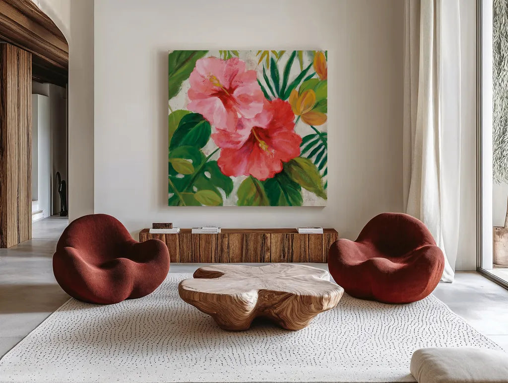 Tropical Jewels I v2 Pink Crop by Silvia Vassileva. Shown as extra-large giant wall art in a modern living room. Available as an archival giclee rolled canvas, fine art paper, or poster print. SKU 54292a.