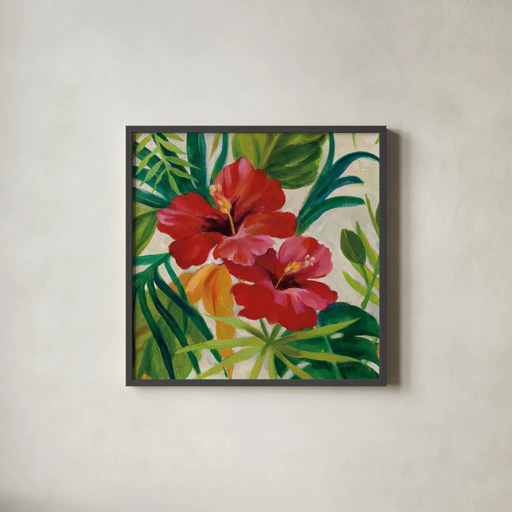 Tropical Jewels II v2 Crop by Silvia Vassileva. Shown in a sleek black glass frame for a contemporary gallery look. Available as an archival giclee rolled canvas, fine art paper, or poster print. SKU 32995a.