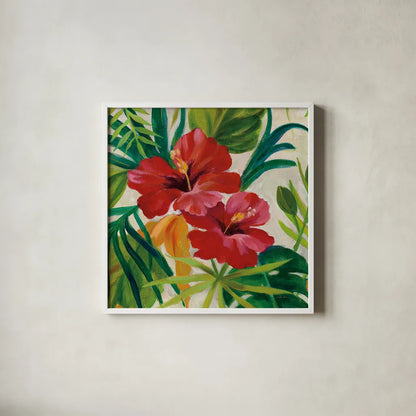Tropical Jewels II v2 Crop by Silvia Vassileva. Shown in a crisp white glass frame for a clean and minimalist style. Available as an archival giclee rolled canvas, fine art paper, or poster print. SKU 32995a.