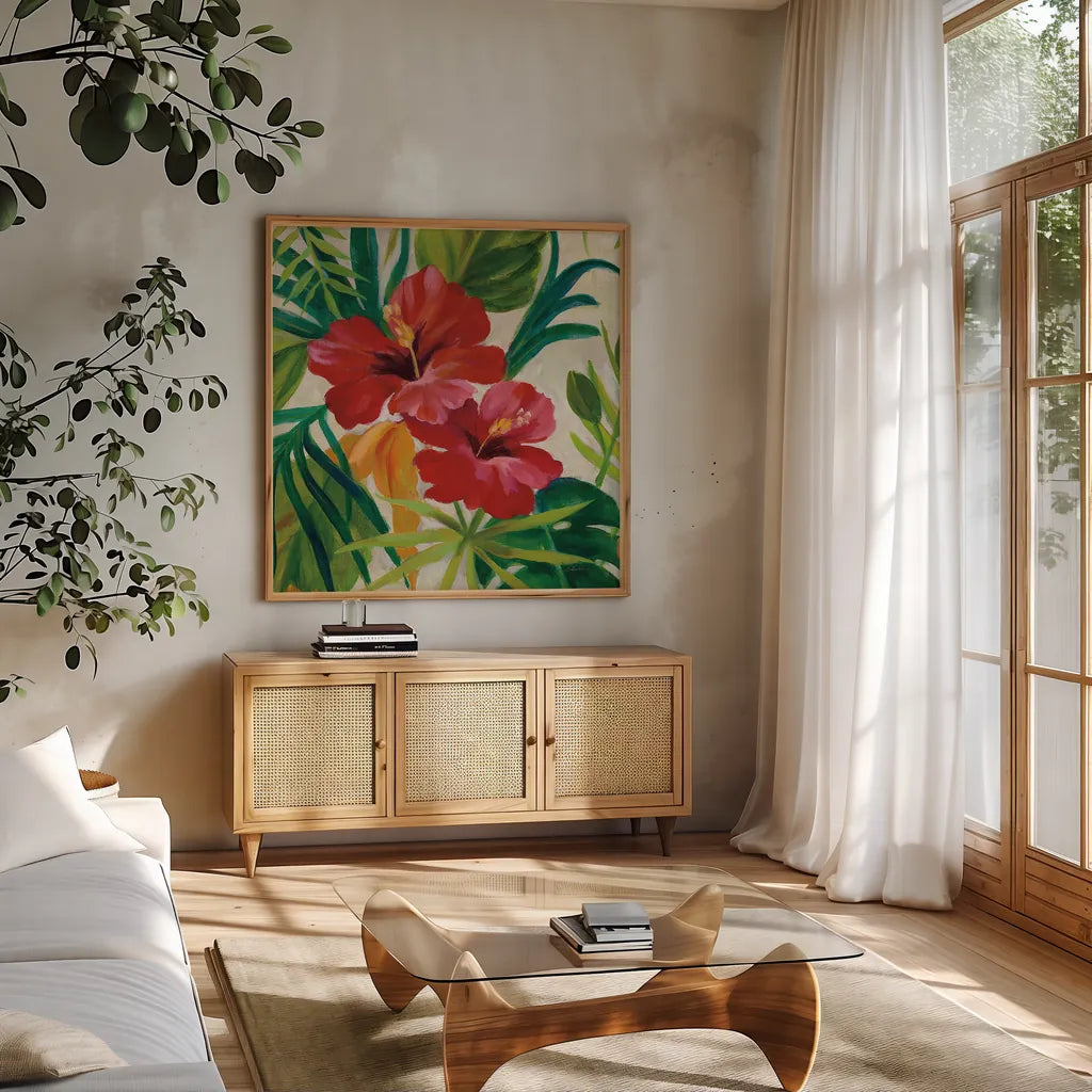 Tropical Jewels II v2 Crop by Silvia Vassileva. Shown in a natural wood frame in a cozy modern living room. Available as an archival giclee rolled canvas, fine art paper, or poster print. SKU 32995a.