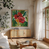 Tropical Jewels II v2 Crop by Silvia Vassileva. Shown in a natural wood frame in a cozy modern living room. Available as an archival giclee rolled canvas, fine art paper, or poster print. SKU 32995a.