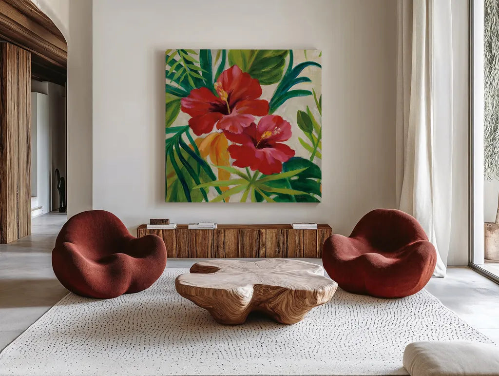 Tropical Jewels II v2 Crop by Silvia Vassileva. Shown as extra-large giant wall art in a modern living room. Available as an archival giclee rolled canvas, fine art paper, or poster print. SKU 32995a.
