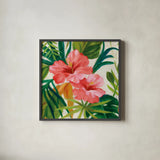 Tropical Jewels II v2 Pink Crop by Silvia Vassileva. Shown in a sleek black glass frame for a contemporary gallery look. Available as an archival giclee rolled canvas, fine art paper, or poster print. SKU 54293a.