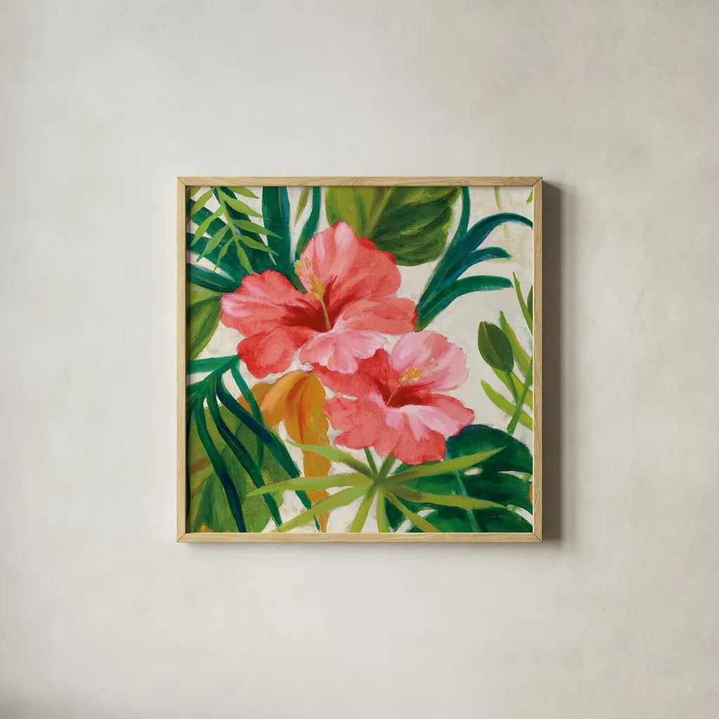 Tropical Jewels II v2 Pink Crop by Silvia Vassileva. Shown in a natural wood glass frame for a timeless modern aesthetic. Available as an archival giclee rolled canvas, fine art paper, or poster print. SKU 54293a.