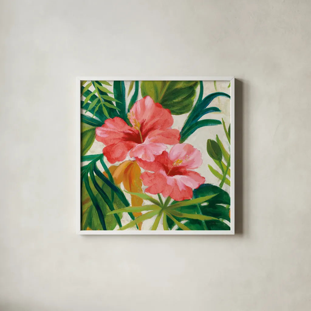 Tropical Jewels II v2 Pink Crop by Silvia Vassileva. Shown in a crisp white glass frame for a clean and minimalist style. Available as an archival giclee rolled canvas, fine art paper, or poster print. SKU 54293a.