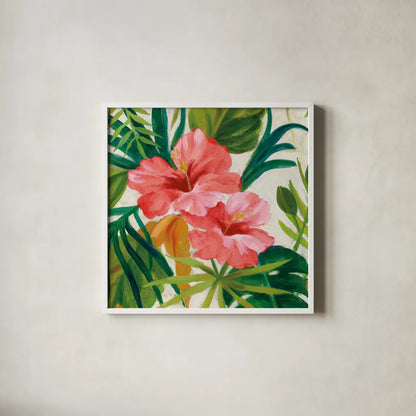 Tropical Jewels II v2 Pink Crop by Silvia Vassileva. Shown in a crisp white glass frame for a clean and minimalist style. Available as an archival giclee rolled canvas, fine art paper, or poster print. SKU 54293a.