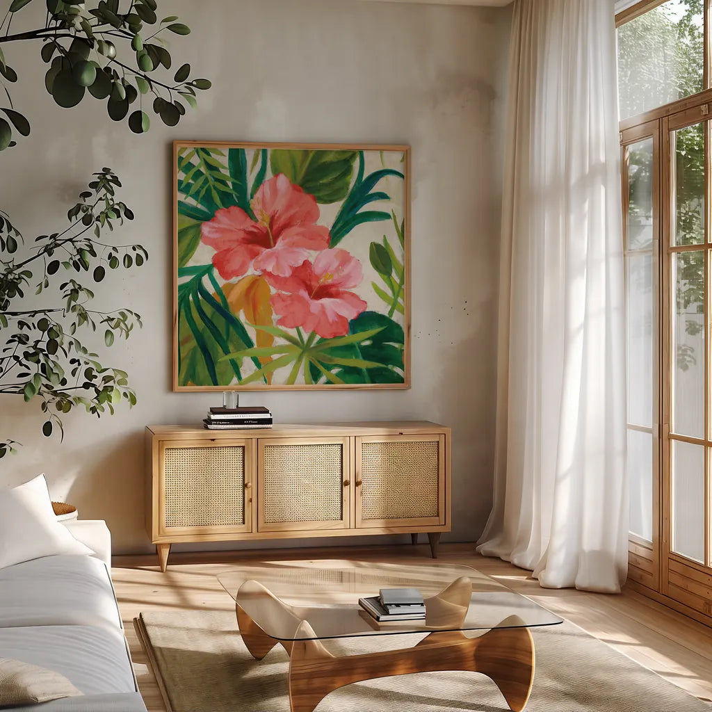 Tropical Jewels II v2 Pink Crop by Silvia Vassileva. Shown in a natural wood frame in a cozy modern living room. Available as an archival giclee rolled canvas, fine art paper, or poster print. SKU 54293a.