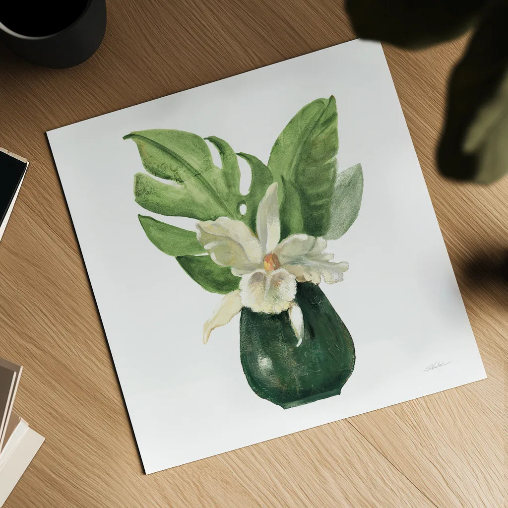 Tropical Leaves I on White by Silvia Vassileva. Shown as a detailed flat fine art print, highlighting archival giclee quality. Available as an archival giclee rolled canvas, fine art paper, or poster print. SKU 50324a.