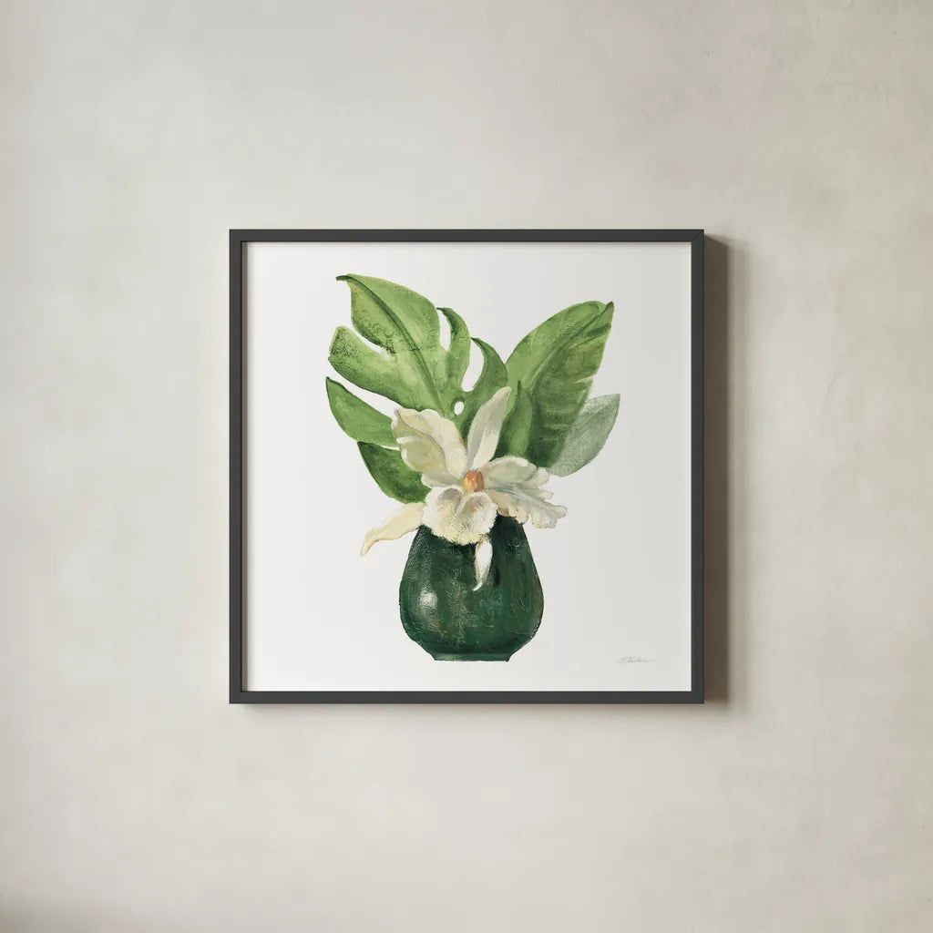 Tropical Leaves I on White by Silvia Vassileva. Shown in a sleek black glass frame for a contemporary gallery look. Available as an archival giclee rolled canvas, fine art paper, or poster print. SKU 50324a.