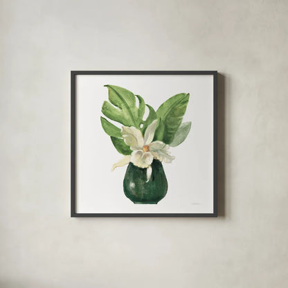 Tropical Leaves I on White by Silvia Vassileva. Shown in a sleek black glass frame for a contemporary gallery look. Available as an archival giclee rolled canvas, fine art paper, or poster print. SKU 50324a.