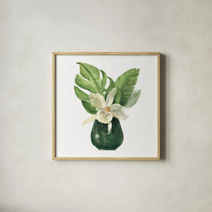 Tropical Leaves I on White by Silvia Vassileva. Shown in a natural wood glass frame for a timeless modern aesthetic. Available as an archival giclee rolled canvas, fine art paper, or poster print. SKU 50324a.