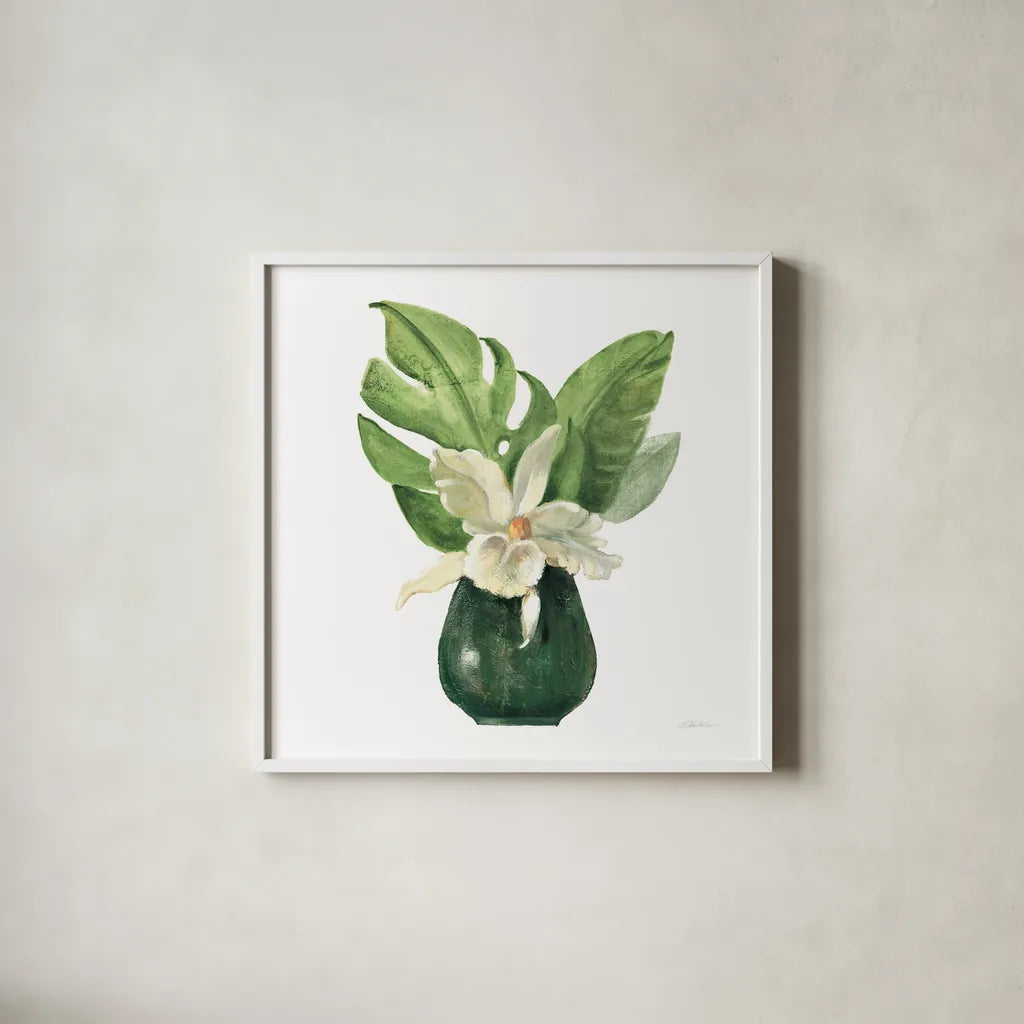 Tropical Leaves I on White by Silvia Vassileva. Shown in a crisp white glass frame for a clean and minimalist style. Available as an archival giclee rolled canvas, fine art paper, or poster print. SKU 50324a.
