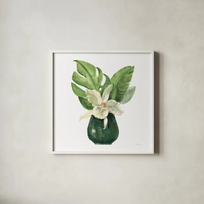 Tropical Leaves I on White by Silvia Vassileva. Shown in a crisp white glass frame for a clean and minimalist style. Available as an archival giclee rolled canvas, fine art paper, or poster print. SKU 50324a.