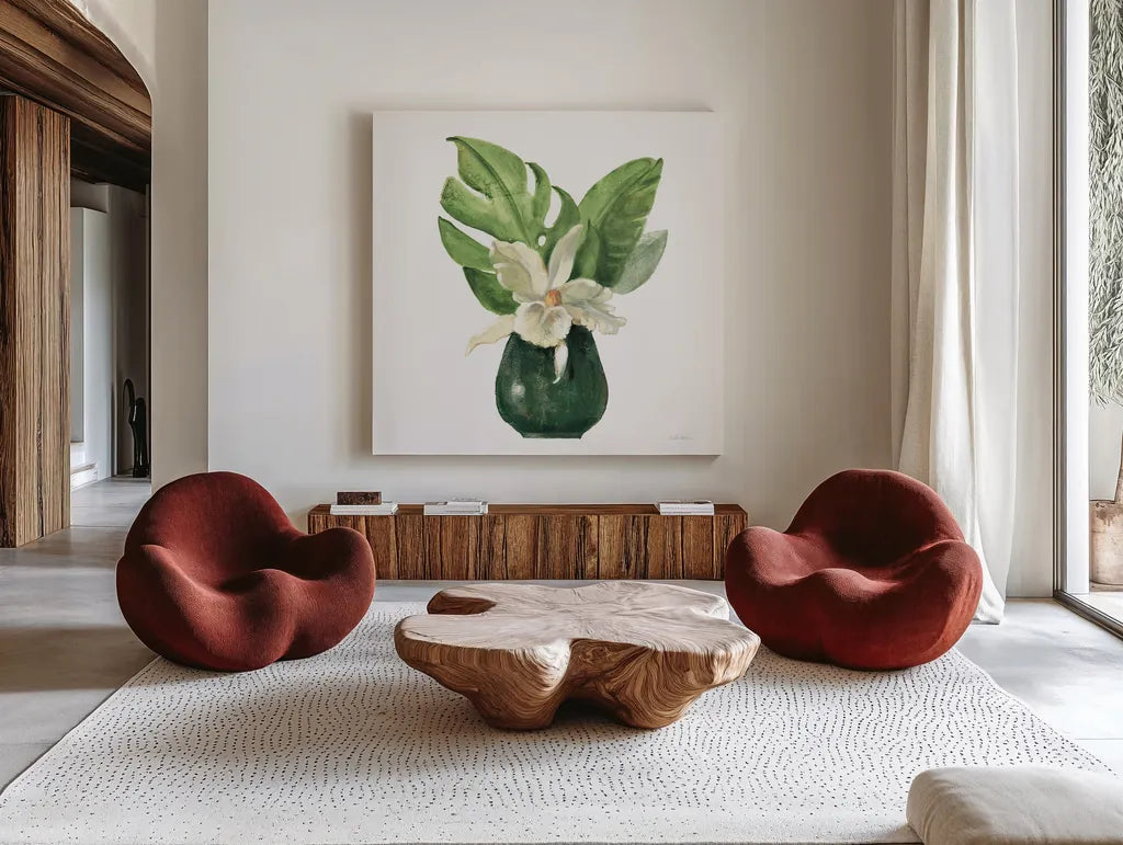 Tropical Leaves I on White by Silvia Vassileva. Shown as extra-large giant wall art in a modern living room. Available as an archival giclee rolled canvas, fine art paper, or poster print. SKU 50324a.