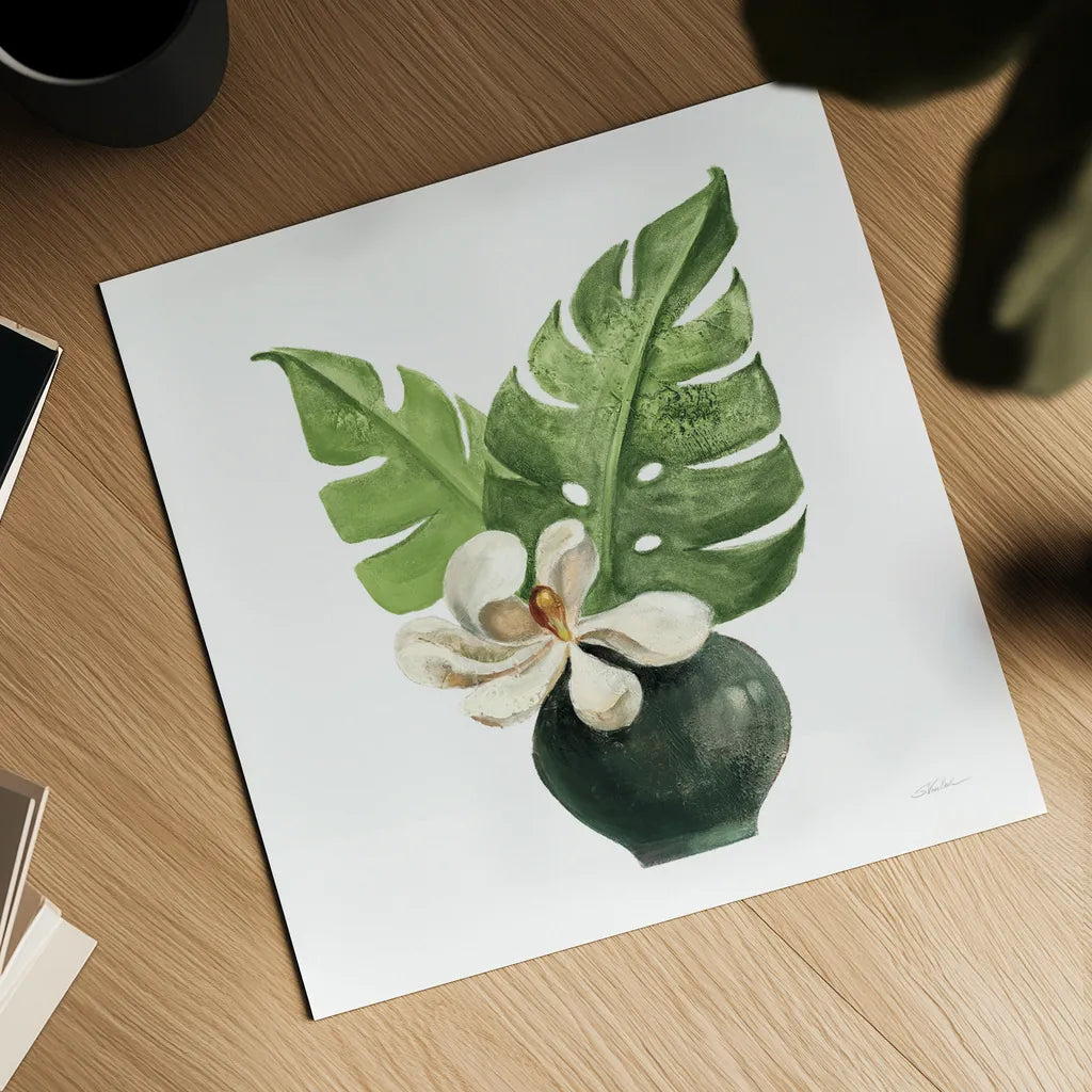 Tropical Leaves II on White by Silvia Vassileva. Shown as a detailed flat fine art print, highlighting archival giclee quality. Available as an archival giclee rolled canvas, fine art paper, or poster print. SKU 50325a.