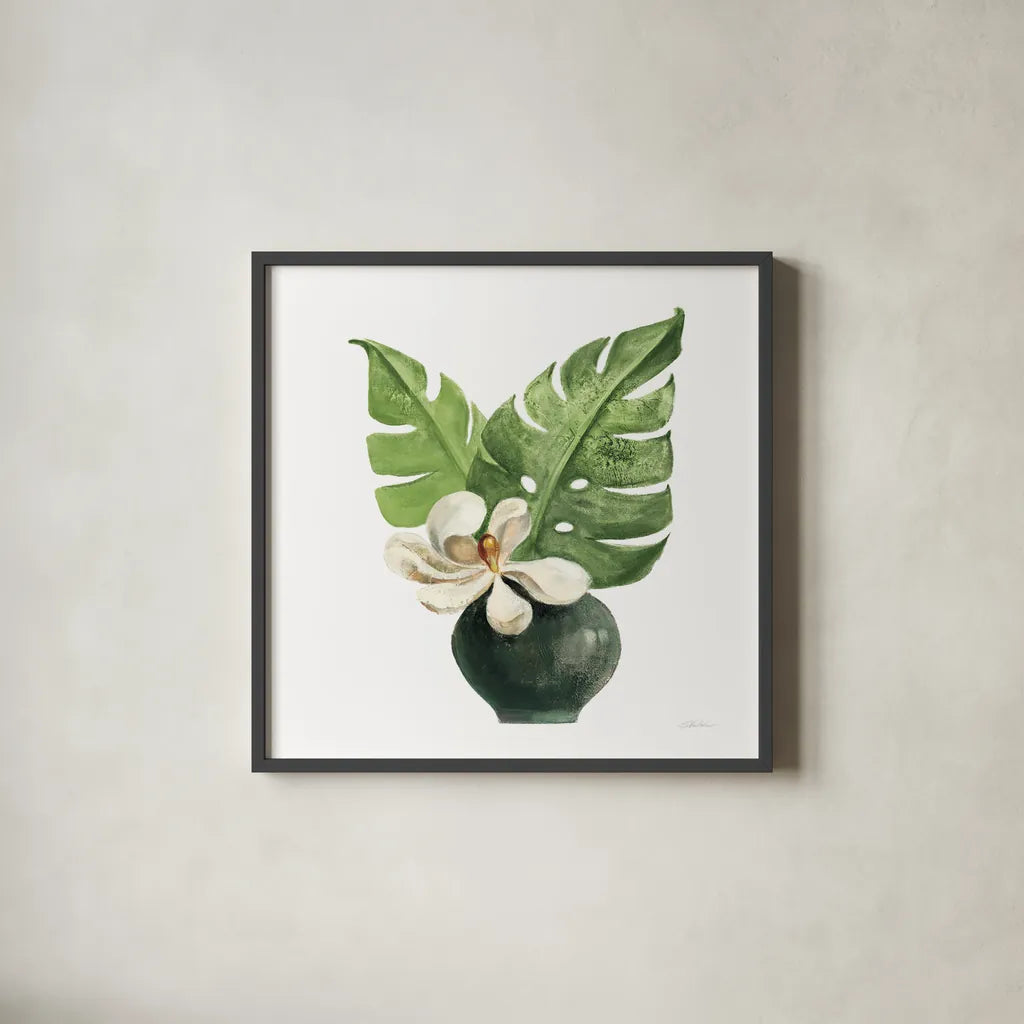 Tropical Leaves II on White by Silvia Vassileva. Shown in a sleek black glass frame for a contemporary gallery look. Available as an archival giclee rolled canvas, fine art paper, or poster print. SKU 50325a.