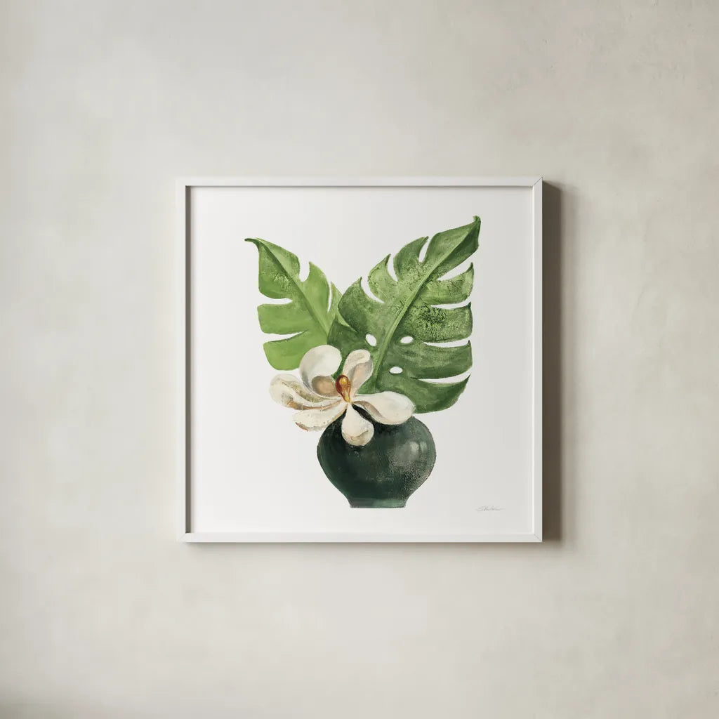 Tropical Leaves II on White by Silvia Vassileva. Shown in a crisp white glass frame for a clean and minimalist style. Available as an archival giclee rolled canvas, fine art paper, or poster print. SKU 50325a.