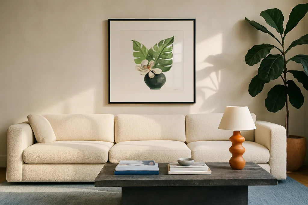 Tropical Leaves II on White by Silvia Vassileva. Displayed in a glass frame with matte in a clean modern living room. Available as an archival giclee rolled canvas, fine art paper, or poster print. SKU 50325a.