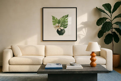 Tropical Leaves II on White by Silvia Vassileva. Displayed in a glass frame with matte in a clean modern living room. Available as an archival giclee rolled canvas, fine art paper, or poster print. SKU 50325a.
