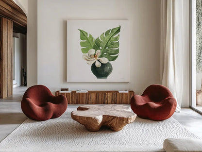 Tropical Leaves II on White by Silvia Vassileva. Shown as extra-large giant wall art in a modern living room. Available as an archival giclee rolled canvas, fine art paper, or poster print. SKU 50325a.