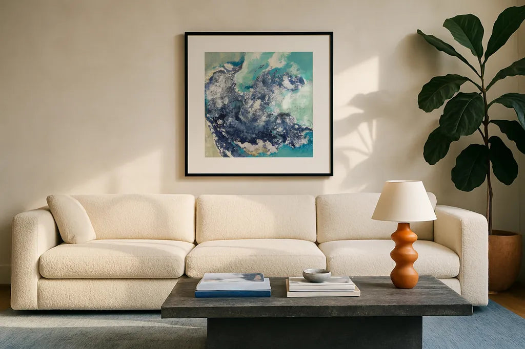 Turquoise by Silvia Vassileva. Displayed in a glass frame with matte in a clean modern living room. Available as an archival giclee rolled canvas, fine art paper, or poster print. SKU 65602a.