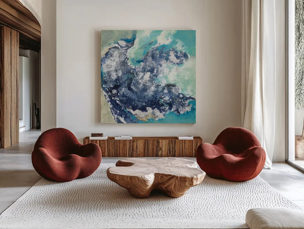 Turquoise by Silvia Vassileva. Shown as extra-large giant wall art in a modern living room. Available as an archival giclee rolled canvas, fine art paper, or poster print. SKU 65602a.
